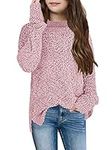 YBENLOVER Girl's Fuzzy Warm Sweater Crew Neck Chunky Side Slit Jumper Pullover Outwear (Pink, 150/10-12 Years)