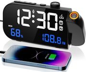 VOSFEEL Projection Alarm Clock Beside, Projector clock with FM Radio, Temperature Humidity Display, Adjustable Brightness, Snooze, USB & Type-C