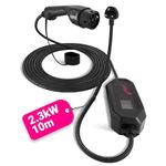 Cord Type 2 Portable EV Charger, 10 Metre, 230V 6A-8A-10A Max 2.3kW - Carry and Storage Bag Included, Black