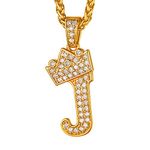 Crown Initial Necklace Real Gold, Womens Mens Bling Bling Hip Hop Chain Iced Out Jewelry Pendant, Crystal Cubic Zirconia CZ Tennis Necklace with Letter Pendant J