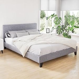 Artiss Double Bed Frame Platform Wooden Headboard Beds Base Frames Bedroom Room Decor Home Furniture, Upholstered with Grey Faux Linen Fabric + Foam + Wood, Modern Design