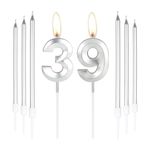 Silver 39th Birthday Cake Candles, Number 39 Candles with 6pcs Long Candles, Party Candles for Cake, Silver Candles Cake Toppers for Boys Girls Men Women 39th Birthday Decorations, Wedding Anniversary