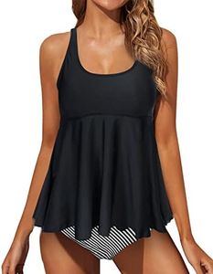 JFAN Costume da Bagno a Due Pezzi Tankini Donna Mare Controllo Pancia Gonna Tankini e Slip da Bagno Donna Strisce Nere XL