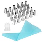 PEGACORN 24 PCs Cake Decorating Nozzle with Icing Piping Bag | Frosting Icing Piping Bag Tips with Steel Nozzles | Reusable & Washable | (24 Pcs)