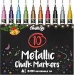 Metallic Liquid Chalk Pens Fine Tip - Dry Erase Marker Pen for Chalkboard Signs, Windows, Blackboard, Glass - 3mm Reversible Tip (10 Pack)