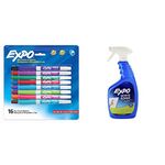 EXPO Dry Erase Markers, Whiteboard Markers with Low Odour Ink, Fine Tip, Assorted Vibrant Colours, 16 Count & Green Whiteboard/Dry Erase Board Liquid Cleaner, Non-Toxic, 22 oz Spray Bottle (1752229)