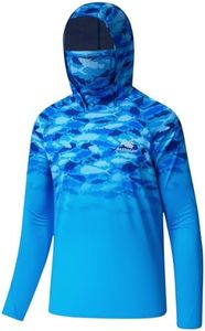 BASSDASH Youth UPF 50+ Hooded Shirts with Mask UV Neck Gaiter Sun Protection Long Sleeve T Shirt for Fishing Swim, Blue Fish Gradient, Large