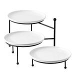 Kanwone 3 Tiered Serving Stand with White Porcelain Plates, Tiered Tray Stand, 10" x 10" Tier Serving Trays with Black Metal Stand for Entertaining, 3 Tier Dessert Stand