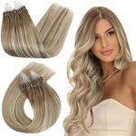 Ugeat Micro Beads Loop Hair Extensions 14inch Micro Links Hair Extensions 50g Human Hair Extensions Micro Ring 1g/Strand Balayage Color Golden Brown with Platinum Blonde Hair Extensions