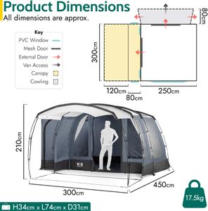 Trail Langley Campervan Driveaway Awning – UPF50+, 5000mm Waterproof, Side Tent with Groundsheet, Windows, Front Canopy, 180-210cm Height