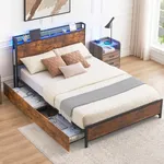 GAOMON Full Bed Frame with Storage Headboard and 4 Drawers LED Lights Metal Platform Bed Frame with Charging Station, Mattress Foundation Strong Wood Slats Support, No Box Spring Needed