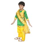 Kaku Fancy Dresses Indian State Punjabi Folk Dance Costume for Kids/Salwar Suit with Dupatta For Girl Costume - Green & Yellow, 7-8 Years