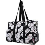 NGIL Zip-Top Organizing Utility Tote Bag with Exterior Pockets for Working Women, Teachers, Nurses, and Moms, Design in USA, Baseball Print, L