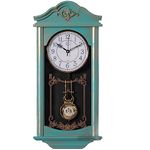 Quickway Imports Large Vintage Grandfather Wood- Looking Plastic Pendulum Wall Clock for Living Room, Kitchen, or Dining Room, Large Blue with Gold Distressed Design