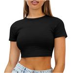 Women Workout Crop Top Scoop Neck Shirt Athletic Yoga Short Sleeve Fitness Tight Tee Cropped Tank Tops for Teen Girls, Black, Small