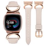 TOYOUTHS Leather Strap Compatible with Fitbit Versa 4/Versa 3/Sense 2/Sense Women Slim Thin Dressy Elegant Premium Leather Strap with C-Shaped Metal Buckle for Versa 4 Sense 2, Starlight/Rose Gold