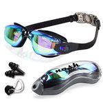 NASK Swimming Goggles, Quick Adjustable Swim Goggles for Adults Men Women & 8+ Age Kids Swimming Goggles with Nose Clip & Earplugs, Anti-Fog Clear Vision UV Resist Mirrored Lens Non-Leaking Goggles