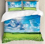 Ambesonne Landscape Duvet Cover Set of 2, Spring Landscape with Meadow by The Mountain and Sky Vivid Nature Print Home, Decorative 6 Pcs Bedding Set with 4 Pillow Shams, King Size, Aqua Green