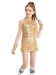 LOLANTA Girls Sequins Dance Dress Sparkle Hip Hop Jazz Dance Outfits; Sleeveless Top and Shorts (Golden, 8-9Years)