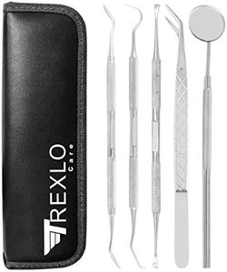 TrexloCare Professional Stainless Steel Dental Hygiene Kit 5 Tools for teeth cleaning with Tartar Scraper Floss Mouth Mirror Tweezers Dental Pics Plaque Remover oral care set in Leather Case