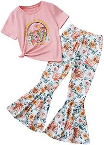 WDIRARA Girl's 2 Piece Outfit Floral Print Graphic Short Sleeve Tee Figure Graphic and Bell Bottom Flare Leg Pants Set Multicolor 11-12Y