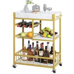 Azheruol Bar Cart Gold Marble with Basket 3 Tiers Home Rolling Wine Rack with Wheels Mobile Kitchen Industrial Vintage Style Wood Metal Serving Trolley Serving Cart,Glass Holder Bar Cabinet