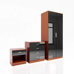 ELEGANT 3 Piece Bedroom Furniture Sets High Gloss Soft Close Wardrobe + 4 Storage Drawer Chest of Drawers + Bedside Cabinet, Black-Walnut Wardrobe and Chest of Drawers Set