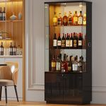 71'' Display Cabinet with Glass Doors,3-Tier High Gloss Wine Bar Cabinet with Adjustable Glass Shelf, Lockable Curio Cabinets with 3 Color Lights for Collectibles,with Hidden Storage Cabinets,Black