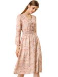 Allegra K Women's V-Neck Floral Print Smocked Waist A-Line Midi Dress Pink M-12