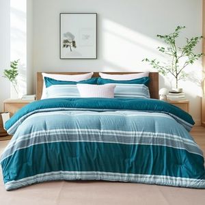 PHF Queen Comforter Set - 3 Pieces Soft Striped Bedding Comforter Sets, Teal Stripe Fluffy Bed Set for All Season, 1 Lightweight Comforter (90"x90") and 2 Pillowcases (20"x26")