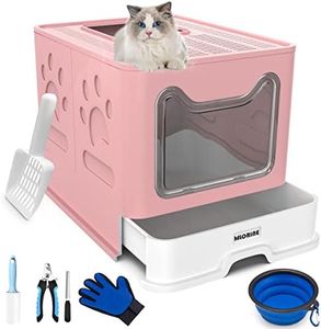 Cat Litter Box Large Pan - Foldable Top Exit Pet Boxes with Entry Lid, Plastic Cleaning Scoop,Cat Nail Clippers,Portable Cats Bowl (Pink)