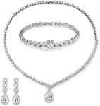 MASOP Fashion Women Wedding Jewelry Sets for Brides AAA Cubic Zirconia Costume Jewelry Necklace Earring Bracelet Set, Metal Gemstone, Cubic Zirconia