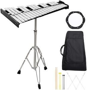 Glockenspiel Bell Kit 32 Notes,Xylophone Bell Kit with 8"Drum Practice Pad,Adjustable Height Stand,Music Sheet Clip,Glockenspiel Mallets,Drumsticks and Carrying Bag,for School Band Beginner Student