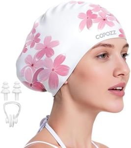 COPOZZ Extra Large Swim Cap for Women - Super Stretchy & Waterproof Silicone, Fits All Hair Types Long Short Thick Curly & Dreadlocks, Includes Earplugs & Nose Clip(Cherry Blossom)