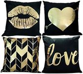 Decor MI Throw Pillow Covers Black Gold Bronzing Flannel Square Pillow Cases Lips Love Stripe Pattern Decorative Cushion Pillow Covers 18 x 18 for Home Bedroom Living Room Sofa, Set of 4