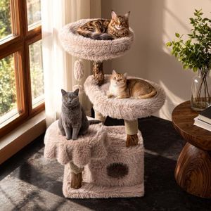 opapets 47.6" Modern Wood Cat Tree for Large Cats, Solid Wood Cat Tower for Multi-Cat Homes, Cat Furniture with Condo, Spacious Perch, Removable Cushion Covers, Sisal Scratching Posts & Toys, Beige