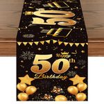 50th Birthday Table Runner Black Gold Happy 50th Birthday Table Runner for 50 Years Old Men Women Celebration 50th Birthday Anniversary Party Non-Slip Dining Table Linen Cloth Decorations, 180x35cm