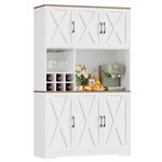 HOCSOK Kitchen Cupboard 41.7" x 70.9" (W x H), Kitchen Cabinets White, Pantry Cupboard with Removable Wine Rack, Glass Holder and Large Countertop, Freestanding Pantry with Microwave Stand