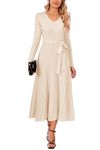 Arach&Cloz 2024 Womens Fall Wool Blended Sweater Dress Long Sleeve V Neck Tie Waist Pleated A Line Knit Midi Dresses Winter Trendy(Apricot,M)