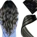 LaaVoo Clip in Hair Extensions Real Human Hair Black with Natural Silver Hair Extensions Clip in Seamless Remy Real Hair Extensions Clip in Human Hair 12 Inch 5pcs 80g #1b/s/1b