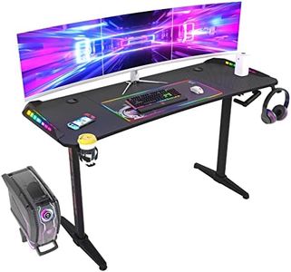 Computer Gaming Desk RGB Adjustable: T Shape Larger Corner Game Table 160 x 60cm Manually Adjust Ergonomic Gamer Desks Carbon Fiber Black Desktop with 6 Colors 8 Modes RGB LED Support 88lbs