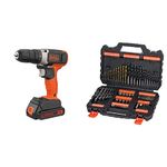 BLACK+DECKER 18 V Cordless Drill Driver with 10 Torque Settings, 1.5 Ah Lithium-Ion Battery, BCD001C1-GB & BLACK + DECKER Mixed Drilling and Screwdriving Set A7200-XJ