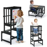 COSYLAND 3-in-1 Multifunctional Toddler Standing Tower, Kids Kitchen Step Stool with Whiteboard, Desk Table and Chair, Enjoys Unique Patented Design,FSC,CPC,SOR,CE, Black