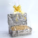 Woodluv Create Your Own Wicker Gift Hamper Basket Kit Use, Christening, Wedding, Baby Shower or Birthday Gift (Includes cellophane, Ribbons, Shredded Paper and a Basket) - 34 x 21 x 11cm, Grey