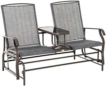 Outsunny Outdoor Glider Bench with Center Table, Metal Frame Patio Loveseat with Breathable Mesh Fabric and Armrests for Backyard Garden Porch, Gray