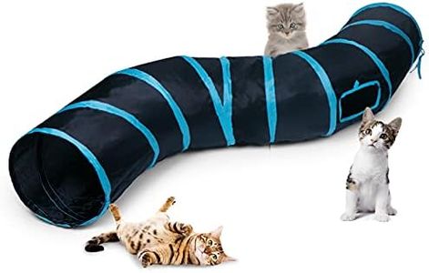 Sheldamy Cat Tunnel, S-2-Way Cat Tunnels for Indoor Cats, Collapsible Cat Play Tunnel, Interactive Toy Maze Cat House with 1 Play Ball for Cats, Puppy, Kitty, Kitten, Rabbit (Blue & Black)