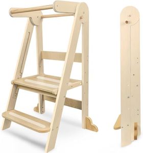 Foldable Toddler Kitchen Standing Tower, Wooden Learning Tower with Safety Handles & Non-Slip Design, Baby Kitchen Helper with 3 Adjustable Heights, Montessori Step Stool for Kitchen Bathroom(Natural)