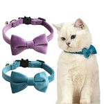 2 Pack Breakaway Cat Collars with Bell and Bowtie Comfortable Velvet Cat Collar with Cute Safety Buckle Adjustable Pet Collar for Kitty Kitten Puppy Neck Accessories for Daily Wearing Kitten (Blue & Purple)