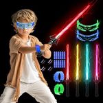SANCO Light Up Sabers for Kids - 4PCS 7 Colors Retractable Mechanical Claw Power Swords with FX Sound, 2PCS LED Glasses & Wristbands, Halloween Cosplay Accessories, Birthday Gifts for Boys & Girls