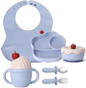 Cozy Rock Silicone Baby Feeding Set, Gelato Collection Baby Led Weaning Supplies, First Self-Feeding Set with Suction Bowl & Plate, Sippy Cup & Bib, Fork & Spoon - Blue
